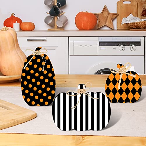 Whaline 3Pcs Unfinished Pumpkin Wooden Cutout with Natural Raffia Pumpkin Shaped Tiered Tray Decor Pumpkin Wooden Table Sign for Fall Thanksgiving Whaline
