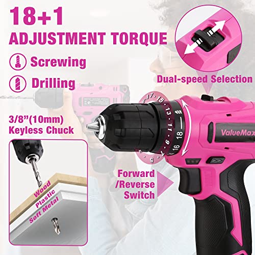 ValueMax Home Tool Kit with Drill, 233-Pieces Pink Tool Set with 12V Cordless Lithium-ion Drill, Power Tool Set with Wide Mouth Open Storage Bag, ValueMax