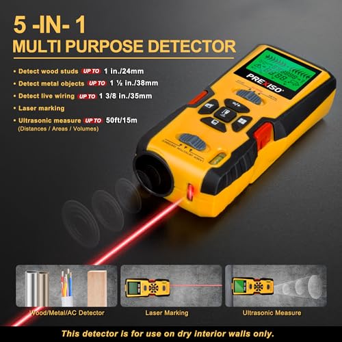 PREXISO 5-in-1 Stud Finder with Laser Level Marking & Ultrasound Distance Measure - Area, Volume, Addition | Wood, AC Wire Detector - Wall Scanner Prexiso