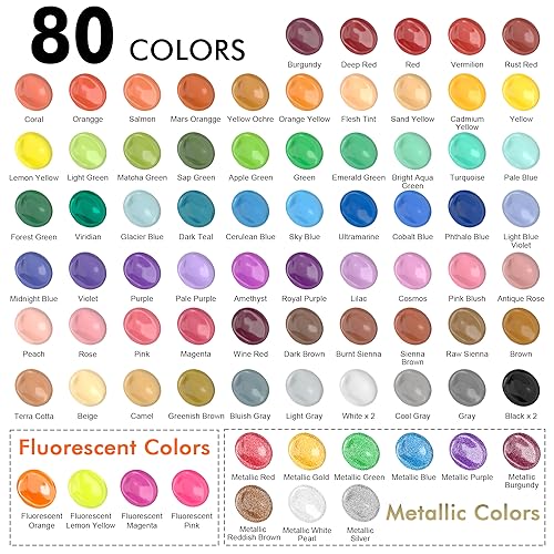 80 Colors Acrylic Paint, Shuttle Art Acrylic Paint set with 12 Paint Brushes, 2oz/60ml Bottles, Rich Pigmented, Water Proof, Premium Paints for Shuttle Art