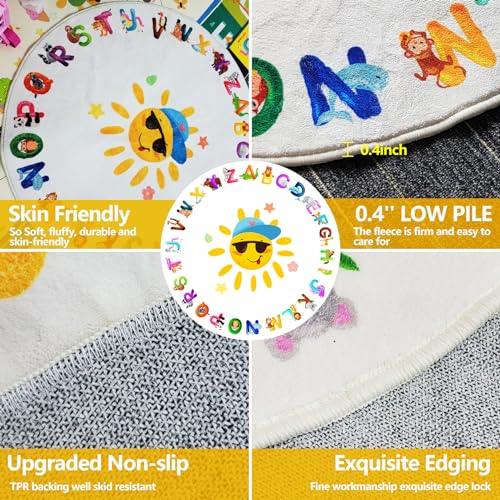 Round ABC Alphabet, Animals Educational Rug, Kids Area Rug, Washable Nursery Rug for Kids Bedroom, Non-Slip Play Mat Ultra Soft Non-Slip Carpet Fubullish