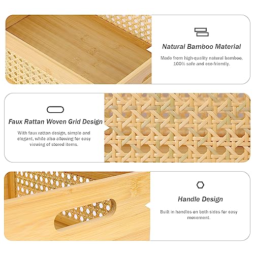 ANMINY 3 PCS Natural Bamboo Storage Bins Set Faux Rattan Frame Wicker Storage Baskets with Handles Sundry Office Drawer Desk Decorative Laundry ANMINY