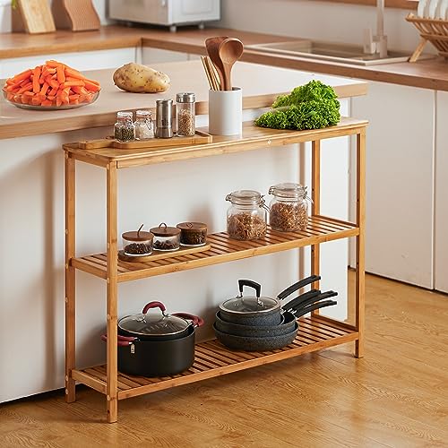 SINWANT Bamboo Console Table, 3 Tier Entryway Table with Storage, Narrow Sofa Table with Shelves,Entrance Table for Entryway,Living Room, Foyer, SINWANT