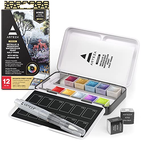 ARTEZA Iridescent Watercolor Paint Set, 12 Metallic Pearl Colors Half-Pans, Waterbrush included, Reusable Semi-Moist Glitter Paint, Non-Toxic, Art ARTEZA