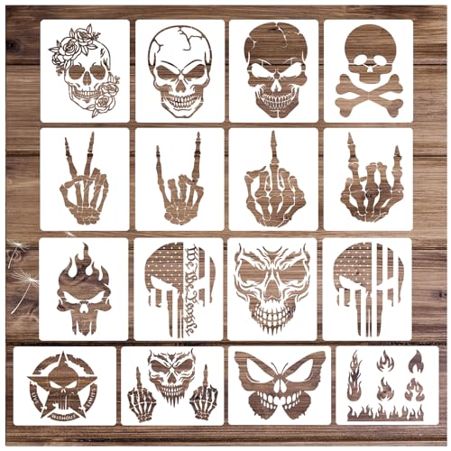 Skull Stencils for Painting On Wood Flame Skeleton Hand Finger Fire Templates for Airbrushing Art Crafts Plastic Reusable Wood Burning Stencils for Pkqon