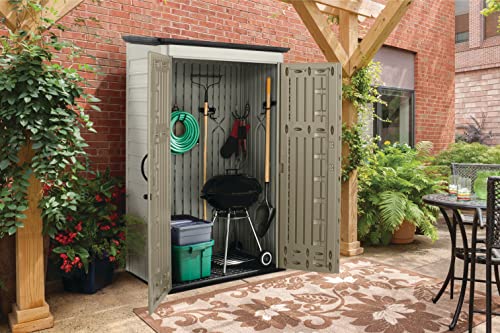 Rubbermaid Outdoor Small Vertical Resin Storage Shed, 5x2 Feet, Brown, Weather Resistant Utility Shed with Lock for Storage for Lawn Rubbermaid