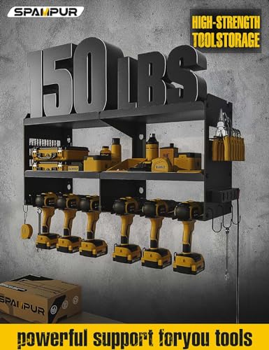 Spampur Power Tool Organizer Wall Mount with Charging Station, Garage Tool Shelf 6 Drill Holders, Tool Battery Holder with Screwdriver Heavy Duty Spampur
