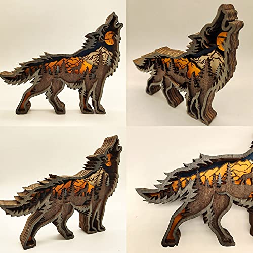 Hovico Creative Wolf Decoration Wolf Statue Desktop Decoration Lights, Wooden Animals Crafts,Christmas Decoration