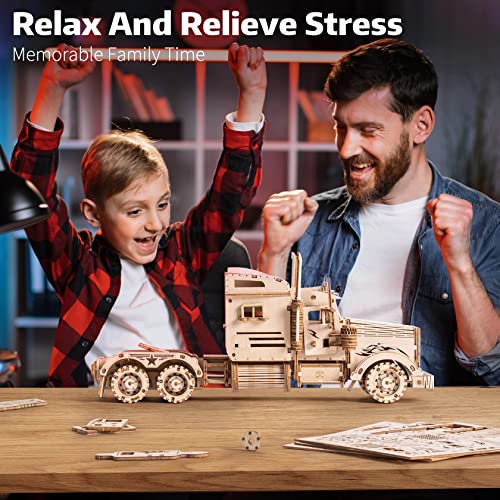 RoWood Model Car Kit to Build,3D Wooden Puzzle, Scale Mechanical Vehicle Model Building Kits, Best Toys Gift for Adults & Teens - Heavy Truck RoWood