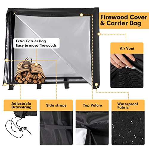 NALONE 4FT Outdoor Firewood Rack with Cover&Carry Bag Heavy Duty Square Strong Stand Rack with Waterproof Cover for Fireplace Fire Pits Wood Pile NALONE