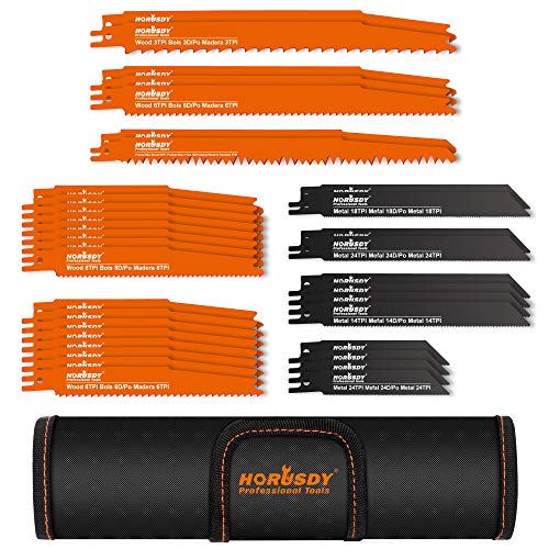 HORUSDY 34-Piece Reciprocating Saw Blades Set, Metal & Woodcutting Saw Blades, Sawzall Blades with Pouch. HORUSDY