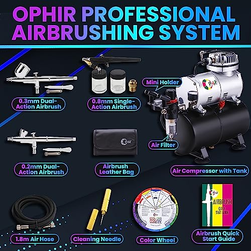 OPHIR 110V Pro Airbrush Kit Air Brush Compressor with Tank 0.2mm 0.3mm 0.8mm Airbrushes & Cleaning Kit for Model Hobby Painting Body Tattoo Airbrush OPHIR