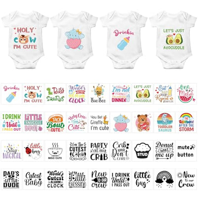 Teling 36 Pcs Iron on Decals Baby Shower Games Iron on Transfers Stickers Patches Baby Bodysuit Making Bibs Decorating Kit Funny Woodland Animal
