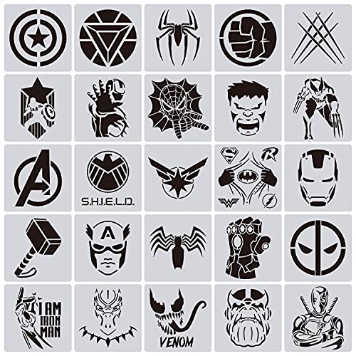 25 Pcs Superhero Stencils for Painting on Wood Canvas - Kids Drawing Painting Stencil Art Supplies Superhero Avatars and Logo Stencils for Home Decor CZONG