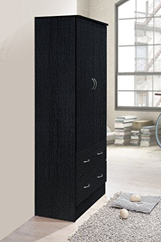 HODEDAH 2 Door Wood Wardrobe Bedroom Closet with Clothing Rod inside Cabinet and 2 Drawers for Storage, Black Hodedah