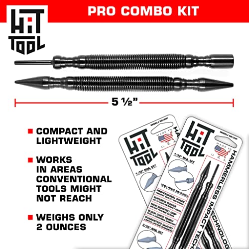 HIT Tool Pro Combo Kit 1/32" Hammerless Nail Set Punch, 2/32" Hammerless Nail Set, Hammerless Door Hinge Pin Punch and Steel Hammer, 2 Tools (NS12HF) HIT Tool