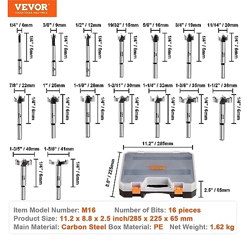 VEVOR Forstner Bit Set, 16 Pcs Forstner Drill Bits Set, 1/4" to 1-5/8", Carbon Steel, with Universal Round Shank, Forstner Drill Bit for Wood and VEVOR