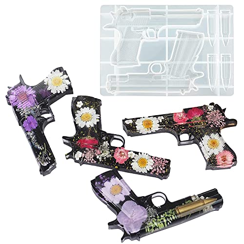 BICASUU Epoxy Resin Mould Gun Pistol Shell Bullet Silicone Casting Mold, 3D DIY Soft Clay Cake Decor Craft Candy Desserts Chocolate Tool, White BICASUU