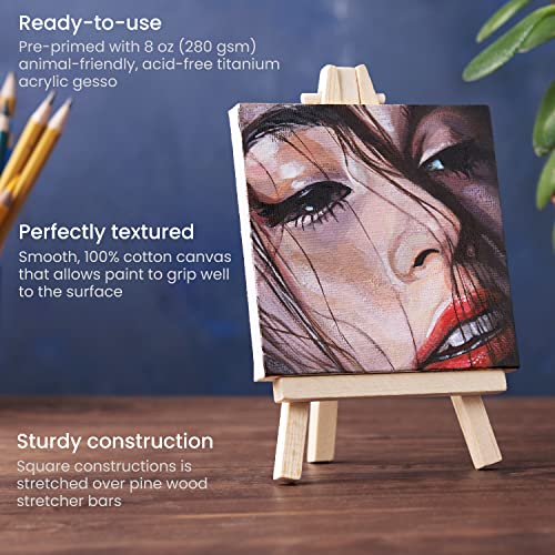 Arteza Mini Canvases with Easels, Pack of 14, 4 x 4 Inches, 100% Cotton, 8 oz Gesso-Primed Stretched Canvas & Solid Pine Wood Easels, Art Supplies ARTEZA