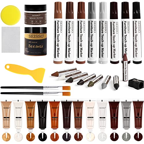DEWEL Wood Furniture Repair Kit, New Upgrade Wood Fillers, Furniture Touch Up Markers, Wax Sticks, Wood Putty with Beeswax for Cracks, Wood Hole, DEWEL