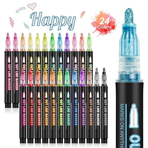 Banral Double Line Outline Markers, 24 Colors Super Squiggles Shimmer Outline Marker Set, Self Outline Metallic Glitter Doodle Drawing Markers Pens Banral