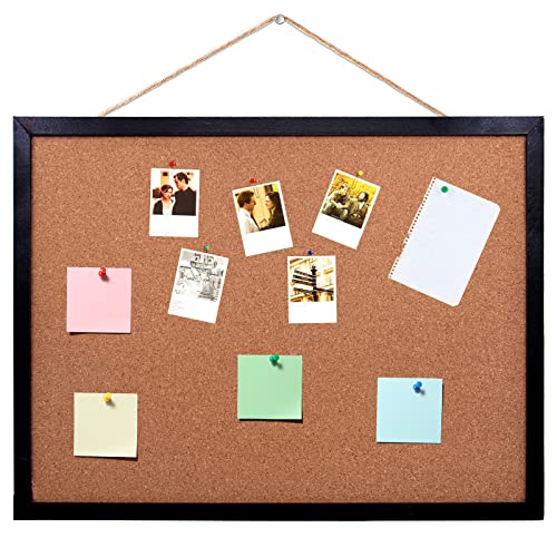 Black Cork Board Bulletin Board, 15.7"X 12" Cork Board, Oak Wood Finish Frame, Wall Mounted Cork Board for Office Home and School(Pins, Eye Bolts, BGJRBY