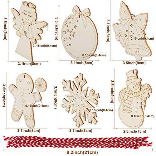OurWarm 48pcs Wooden Christmas Ornaments Unfinished Wood Slices with Holes for Kids DIY Crafts Centerpieces Holiday Hanging Decorations, 6 Styles OurWarm