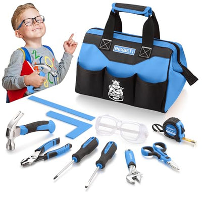 REXBETI 10-Piece Kids Tool Set with Real Hand Tools, Blue Durable Storage Bag, Children Learning Tool Kit for Home DIY and Woodworking