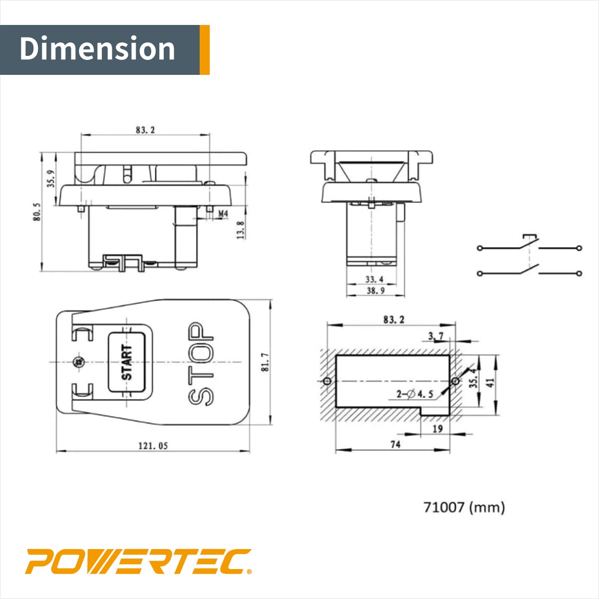 POWERTEC 71007 110 V to 220V Paddle Switch for Power Tools fits Table Saw, Router Table, Drill Press, Bench Saw, Band Saw POWERTEC