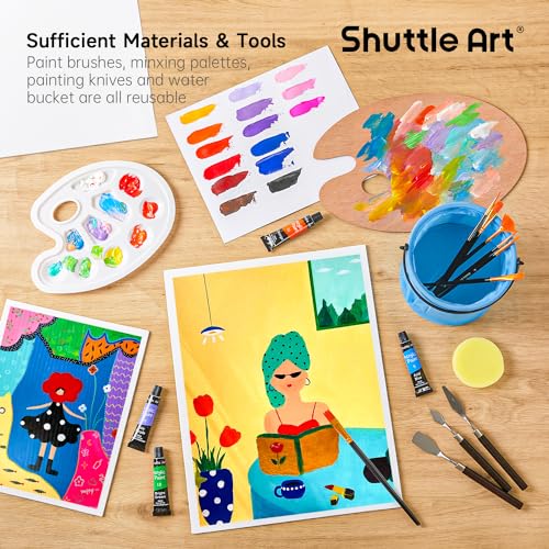 66 Pack Acrylic Paint Set, Shuttle Art Acrylic Painting Set with 30 Colors Acrylic Paint, Wooden Easel, Painting Canvas, Paint Brushes, Palettes, Art Shuttle Art