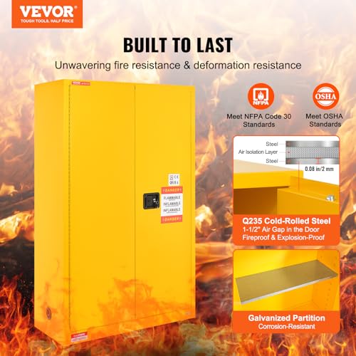 VEVOR Safety 45 Gal, Cold-Rolled Steel Flammable Liquid Storage Cabinet, 42.9 x 18.1 x 65.2 in Explosion Proof with 2 Adjustable Shelves 2 Manual VEVOR