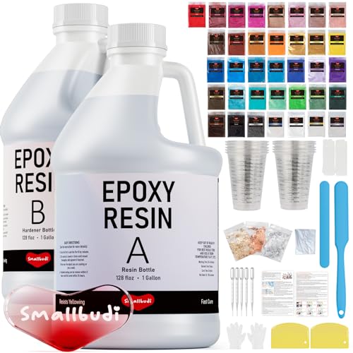 Smallbudi 2 Gallon Epoxy Resin Kit for Beginners, Resin Kit with 36 Mica Powder, Foil Flakes, Measuring Cups, Sticks-Resin Epoxy for Casting, Smallbudi