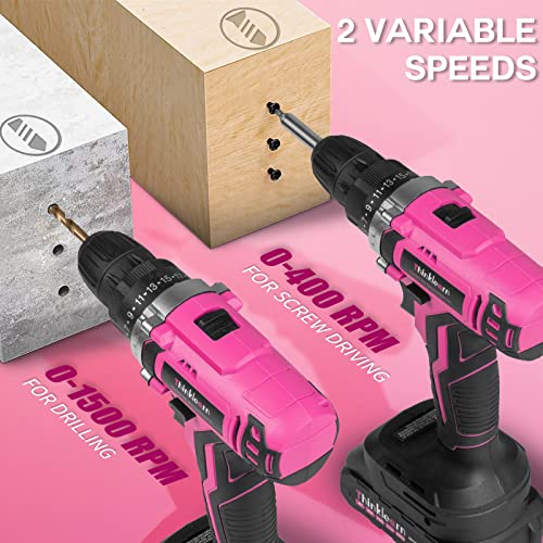 Pink Cordless Drill Set, 20V Lithium-ion Power Drill Set for Women with 67Pcs Drill Driver Bits, 3/8"Keyless Chuck, 25+1 Position Electric Drill, ThinkLearn