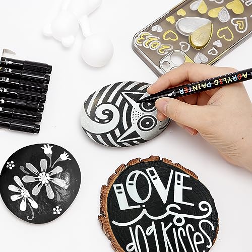 Tesquio Black and White Paint Marker, 8 Pack Dual Tip Acrylic Paint Pens with Medium Tip and Brush Tip, Ideal for Wood, Rock Painting, Canvas, Stone, Tesquio