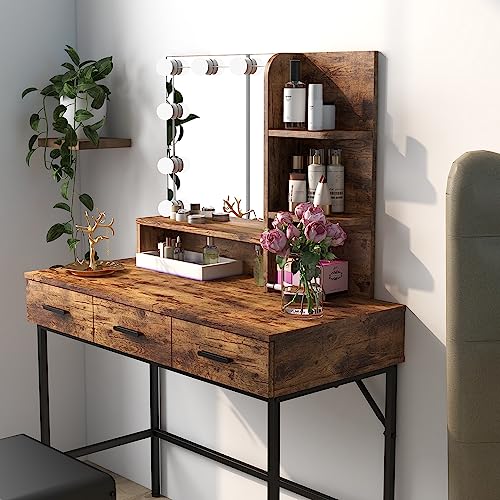 Vanity Table with Lighted Mirror, 3 Drawers Makeup Desk Dressing Table with Lots Storage Vanity Set with Wider Cushioned Stool for Bedroom (Brown) Panana