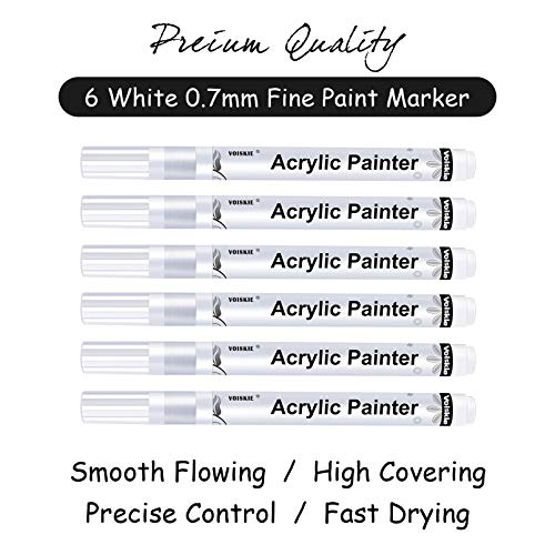 Paint Pens White Marker 6 Pack,0.7mm Acrylic White Permanent Marker,White Paint Pens for Rock Painting Stone Ceramic Glass Wood Plastic Glass Metal PHOSEA