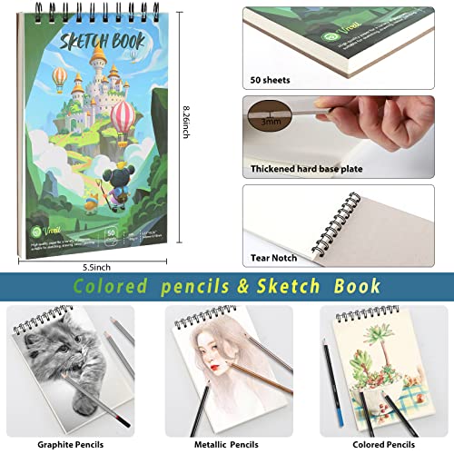 Vnzil 72 Pack Drawing Set Sketching Kit, Art Supplies for Artists, Beginners, Adults, Teens, Premium Art Kit with 50 Sheets Sketch Book, Colored, Vnzil