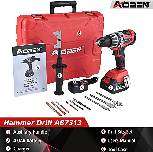 AOBEN 21V Cordless Hammer Drill, High Torque 1200 In-lbs, 1/2-Inch Power Hammer Drill Brushless, with 4.0Ah Li-ion Battery and Charger, Auxiliary AOBEN
