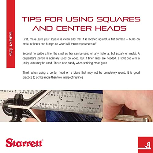 Starrett Steel Combination Square with Square Head - 12" Blade Length, Cast Iron Head, Hardened Steel, Reversible Lock Bolt, Scriber, 4R Graduation Starrett