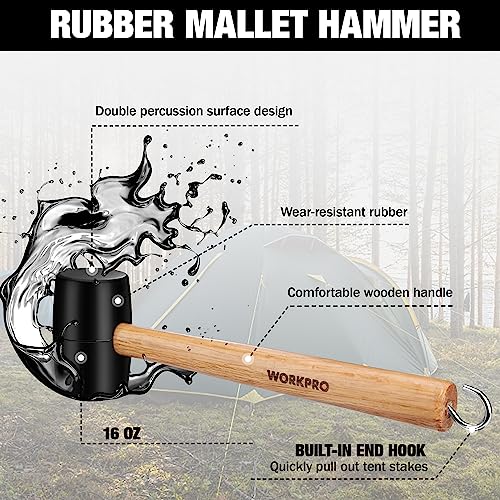 WORKPRO Tent Stakes and Hammer Set, 16oz Rubber Mallet Hammer, Wooden Handle, 10PC Heavy Duty Metal Tent Stakes and Storage Bag, DIY Woodworking, WORKPRO