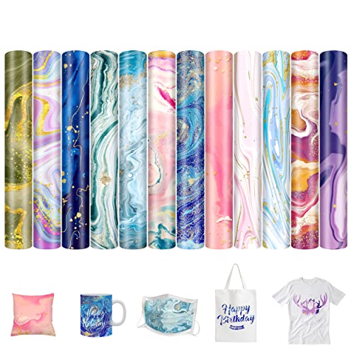 12pcs Infusible Transfer Ink Sheets, 12 x 10 Inch Marble Printable Sublimation Paper Infusable Heat Transfer Vinyl for Mug Press T-Shirts Bags HooAMI