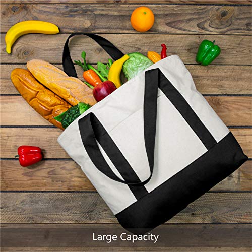 TOPDesign 1 | 3 | 6 | 30 Pack Stylish Canvas Tote Bag with an External Pocket, Top Zipper Closure, Daily Essentials (Black/Natural Pack of 1) TOPDesign
