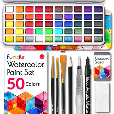 Funcils Watercolor Paint Set - 50 Travel Watercolors Set - Water Colors Paint for Adult, Kids, Beginners, Professional Artists | Watercolor Palette