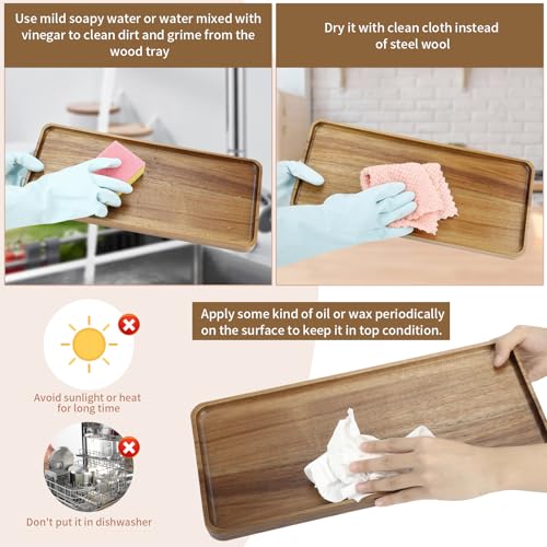 2 PCS Solid Acacia Wood Serving Trays Rectangular Wooden Serving Platters Natural Wooden Boards for Bar Coffee Party 15.7 * 7.08 inch Charmewood