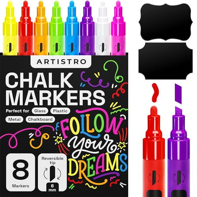 ARTISTRO 8 Neon Chalk Markers - Erasable Chalk Pens with 6mm Reversible Tip for Blackboard, Chalkboard, Car Window, Glass - Liquid Chalk Markers