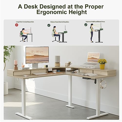 BANTI 63" L-Shaped Electric Standing Desk,Height Adjustable Stand up Desk with 3 Drawer,Corner Stand up Desk, Light Walnut Top BANTI
