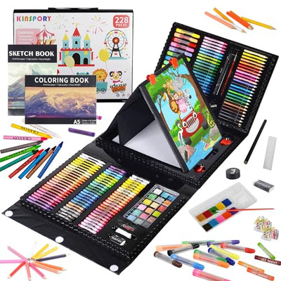 Art Supplies, KINSPORY 228 Pack Art Sets Crafts Drawing Coloring kit, Double-Side Trifold Easel, Oil Pastels, Crayons, Colored Pencils, Creative Gift