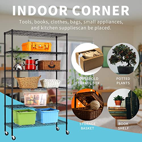 HCY 6-Tier Storage Shelf Heavy Duty Storage Shelving Unit NSF Height Adjustable Metal Storage Rack with Wheels for Laundry Bathroom Kitchen Garage HCY