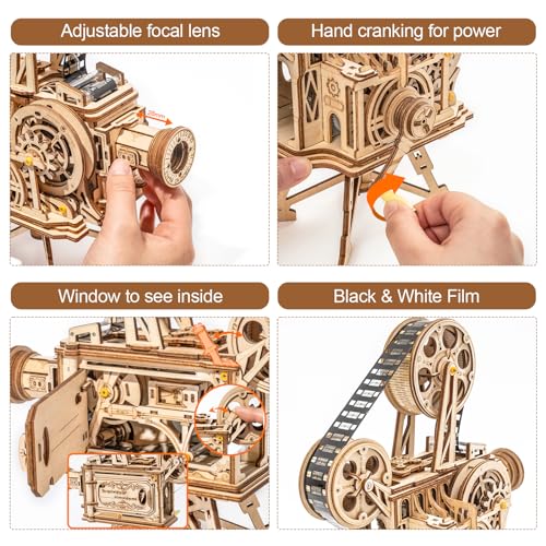 Rowood 3D Puzzle for Adults, DIY Wooden Model Kit for Adults to Build, Handheld Film Mechanical Gear Building Set, Birthday Vitascope Projector Rowood