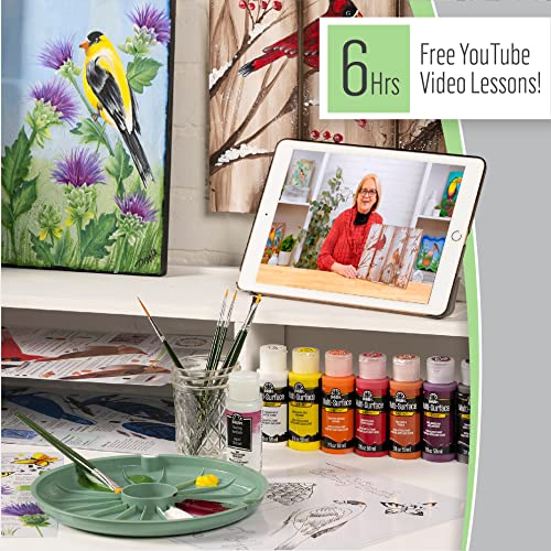 FolkArt Birds & Blossoms 2 oz One Stroke Acrylic Kit, 32 Piece Set Including 12 Multi-Surface Paints, 10 Brushes, 6 Teaching Guides, 3 Pattern Sheets FolkArt